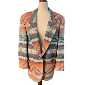 Vintage Southwestern Wool Blend Blazer L Aztec Tribal Blanket Artisan Jacket USA